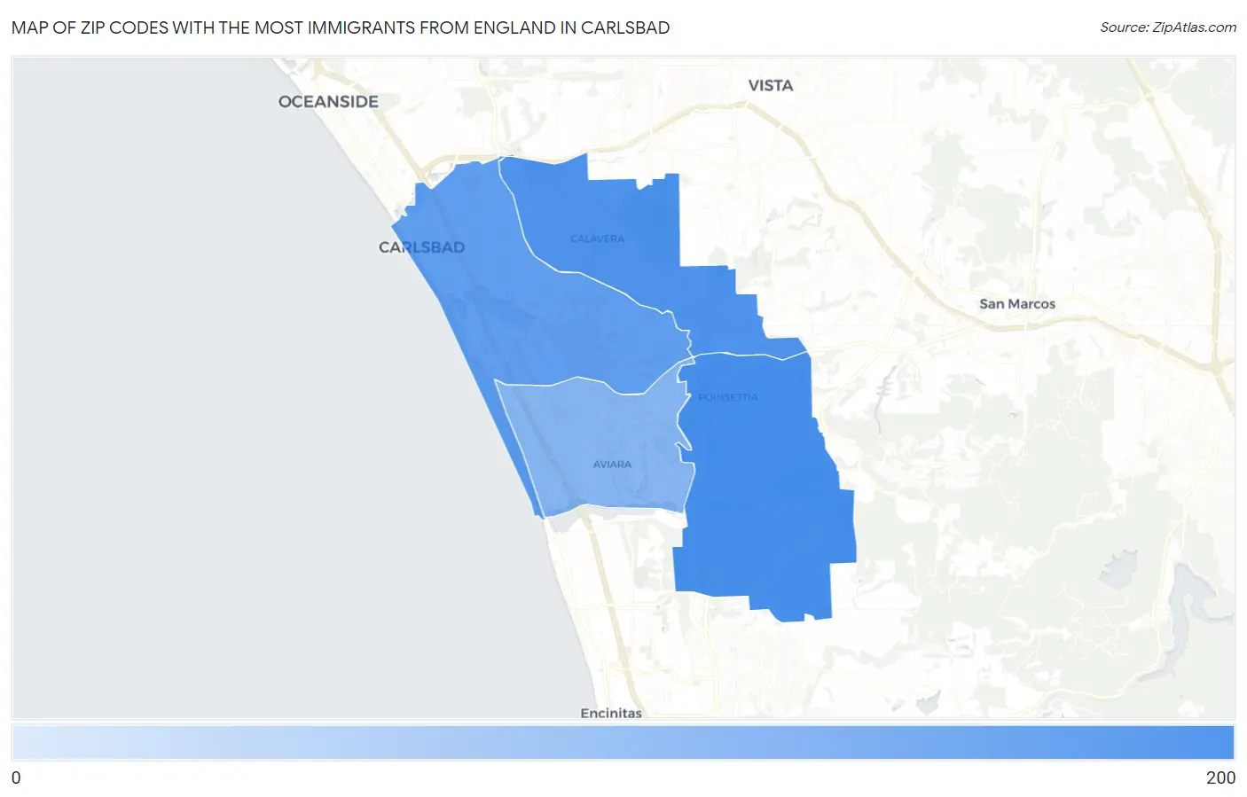 Zip Codes with the Most Immigrants from England in Carlsbad Map