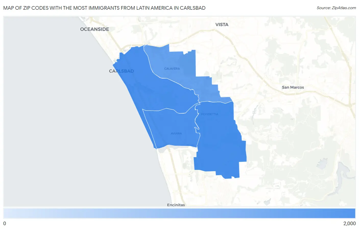 Zip Codes with the Most Immigrants from Latin America in Carlsbad Map