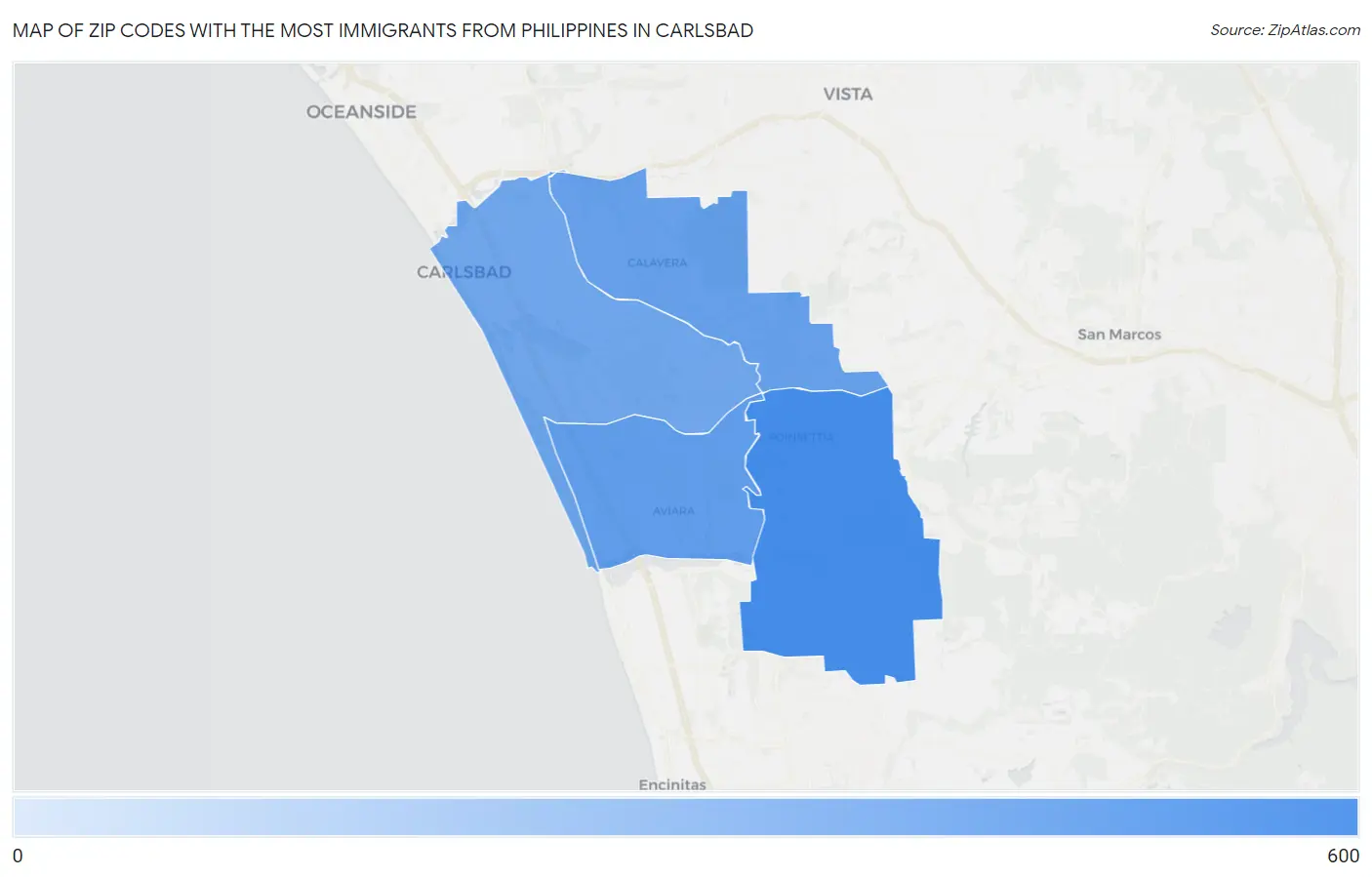 Zip Codes with the Most Immigrants from Philippines in Carlsbad Map