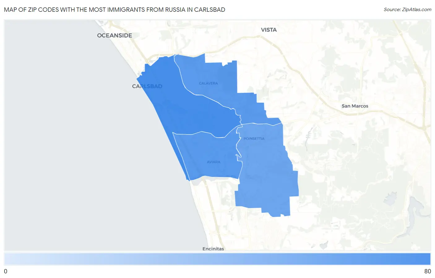 Zip Codes with the Most Immigrants from Russia in Carlsbad Map