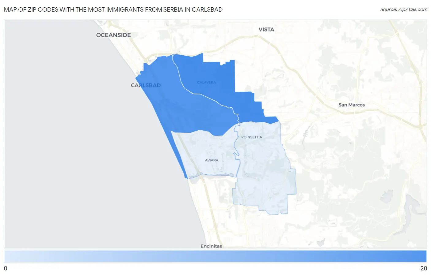 Zip Codes with the Most Immigrants from Serbia in Carlsbad Map