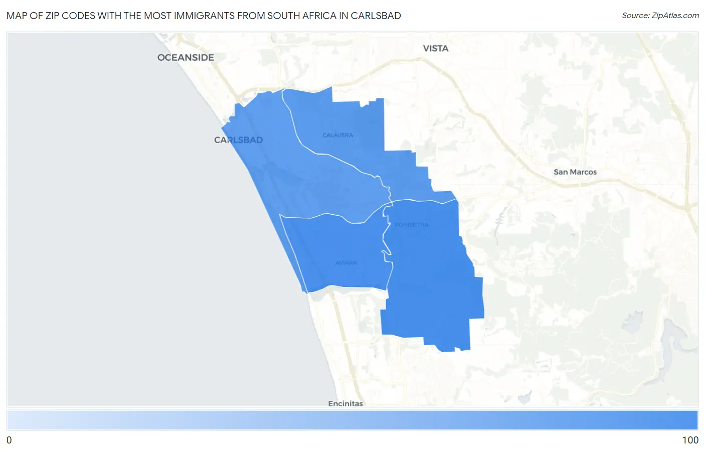 Zip Codes with the Most Immigrants from South Africa in Carlsbad Map