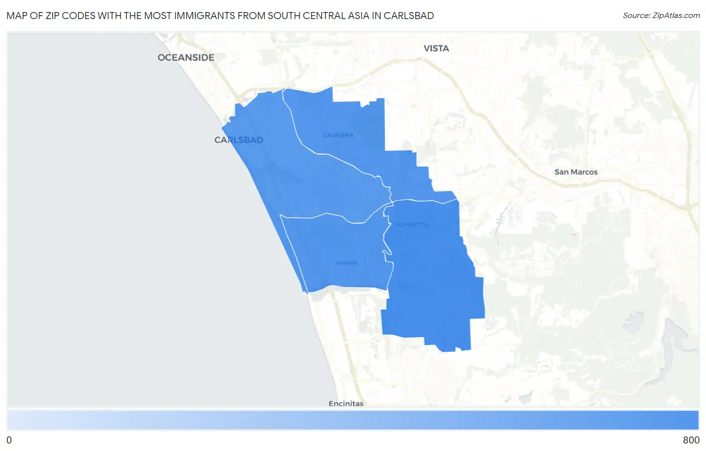 Zip Codes with the Most Immigrants from South Central Asia in Carlsbad Map