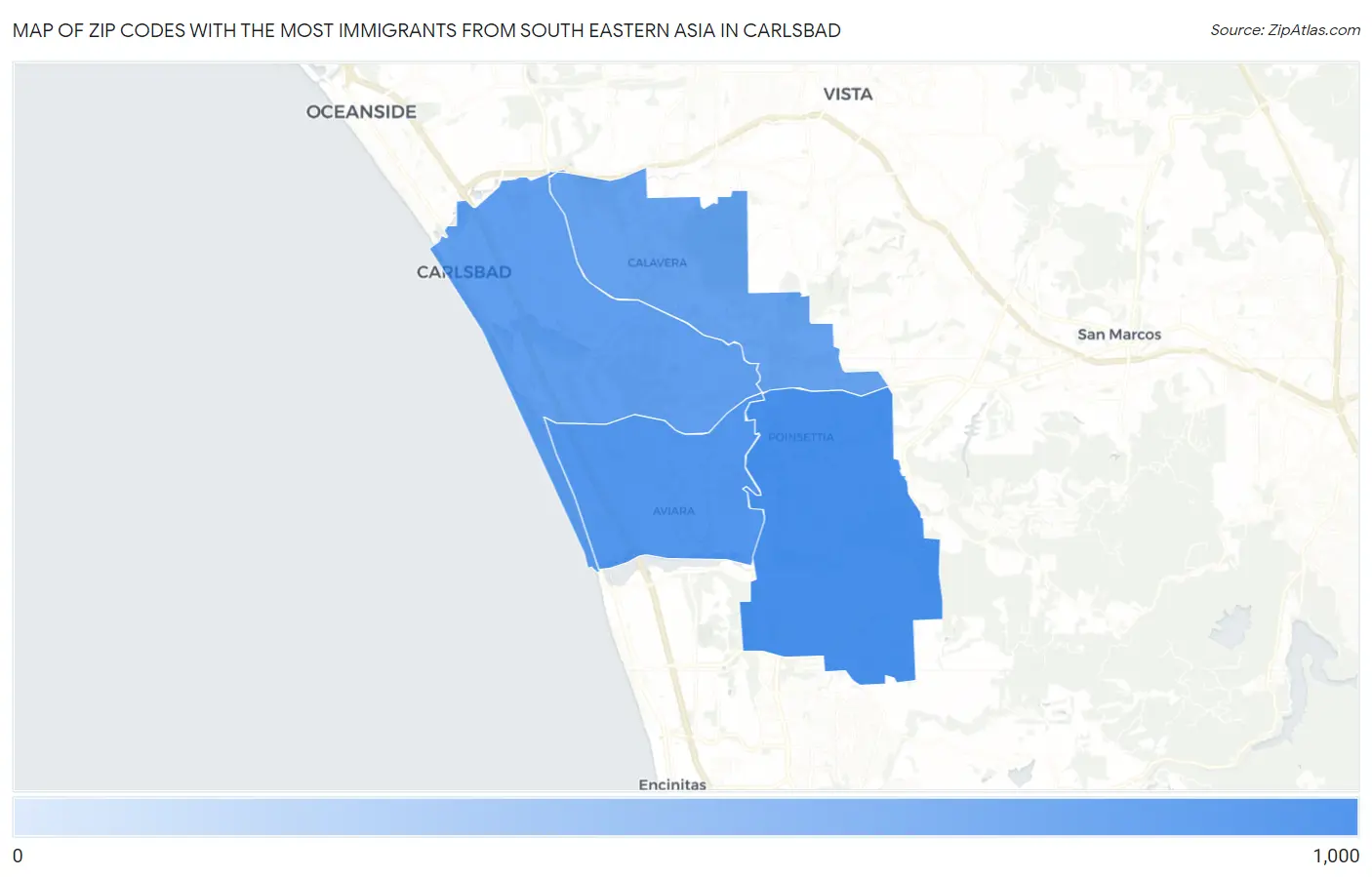 Zip Codes with the Most Immigrants from South Eastern Asia in Carlsbad Map