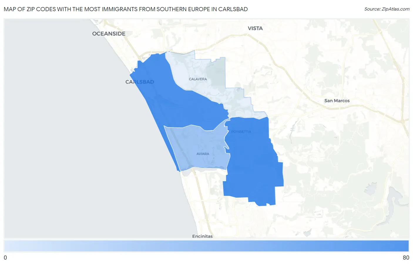 Zip Codes with the Most Immigrants from Southern Europe in Carlsbad Map