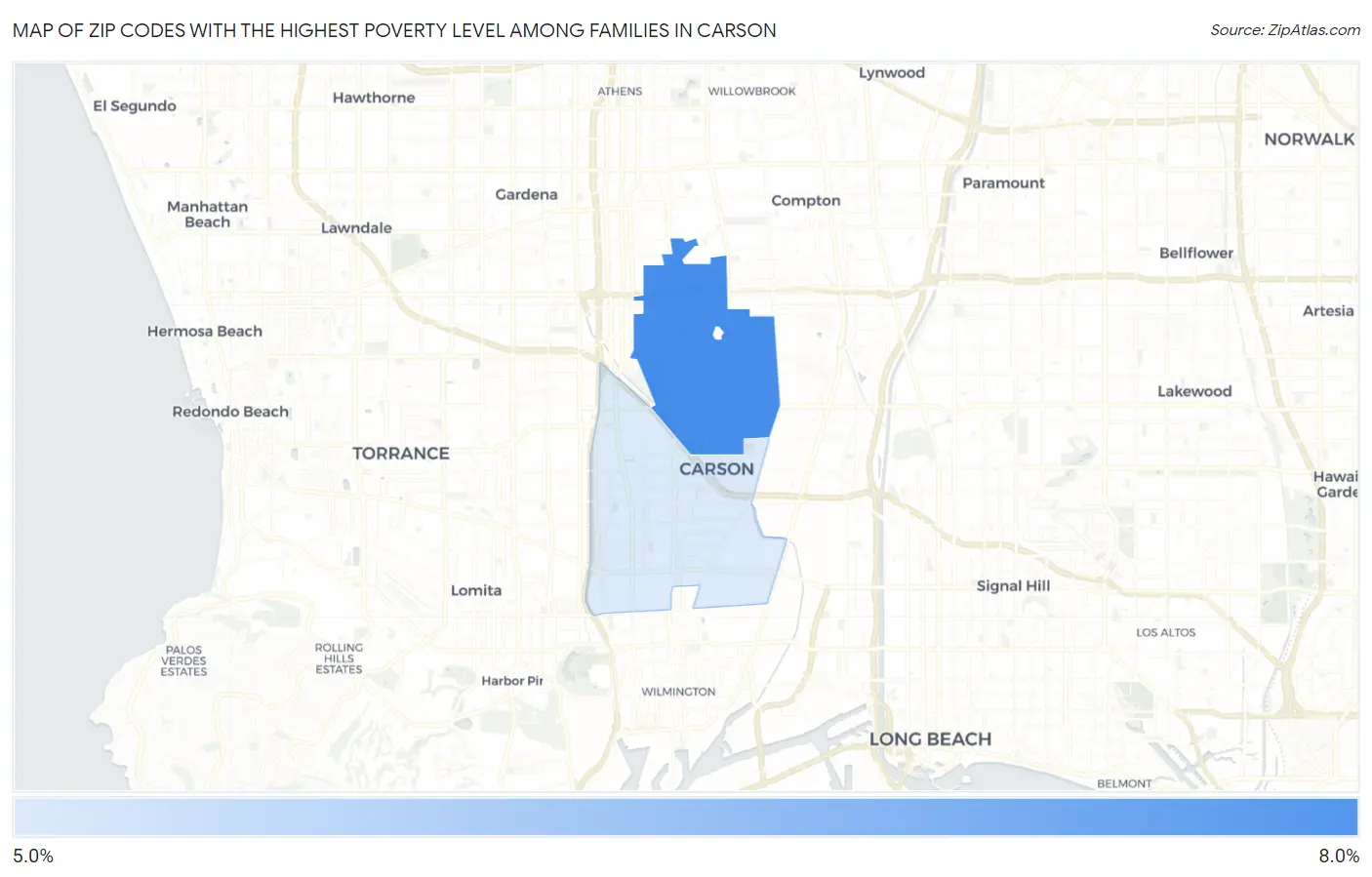 Zip Codes with the Highest Poverty Level Among Families in Carson Map