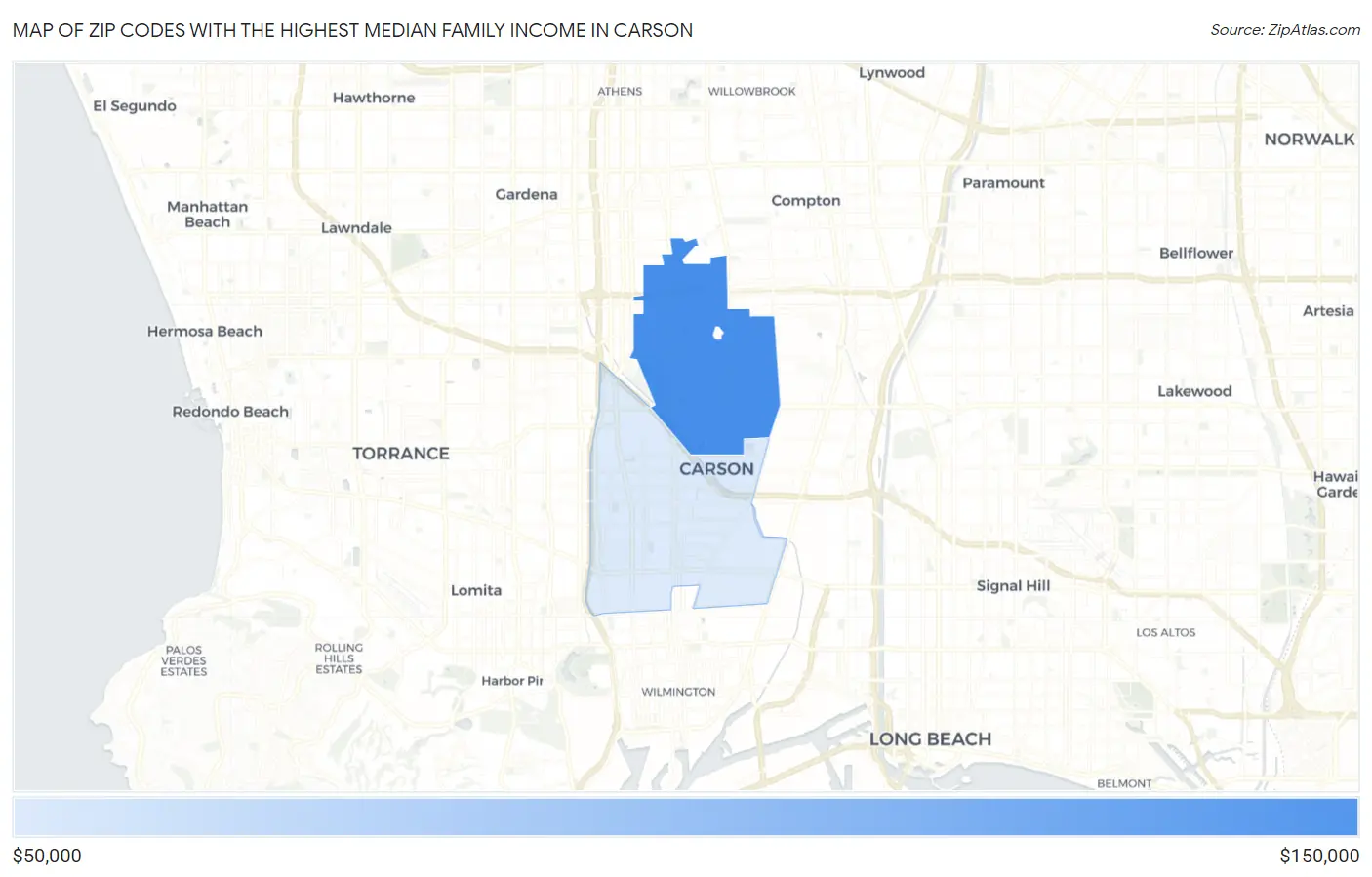 Zip Codes with the Highest Median Family Income in Carson Map