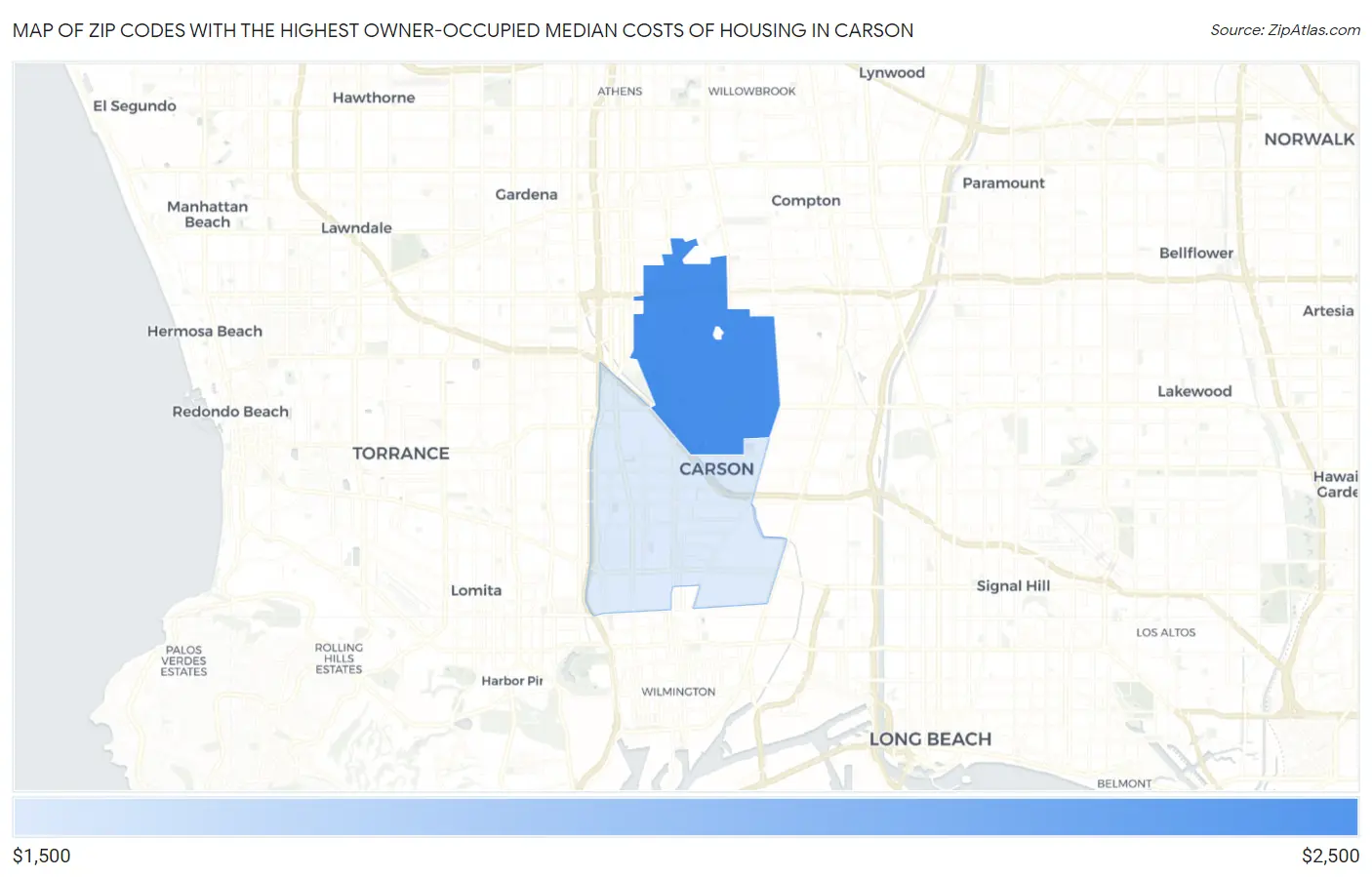 Zip Codes with the Highest Owner-Occupied Median Costs of Housing in Carson Map