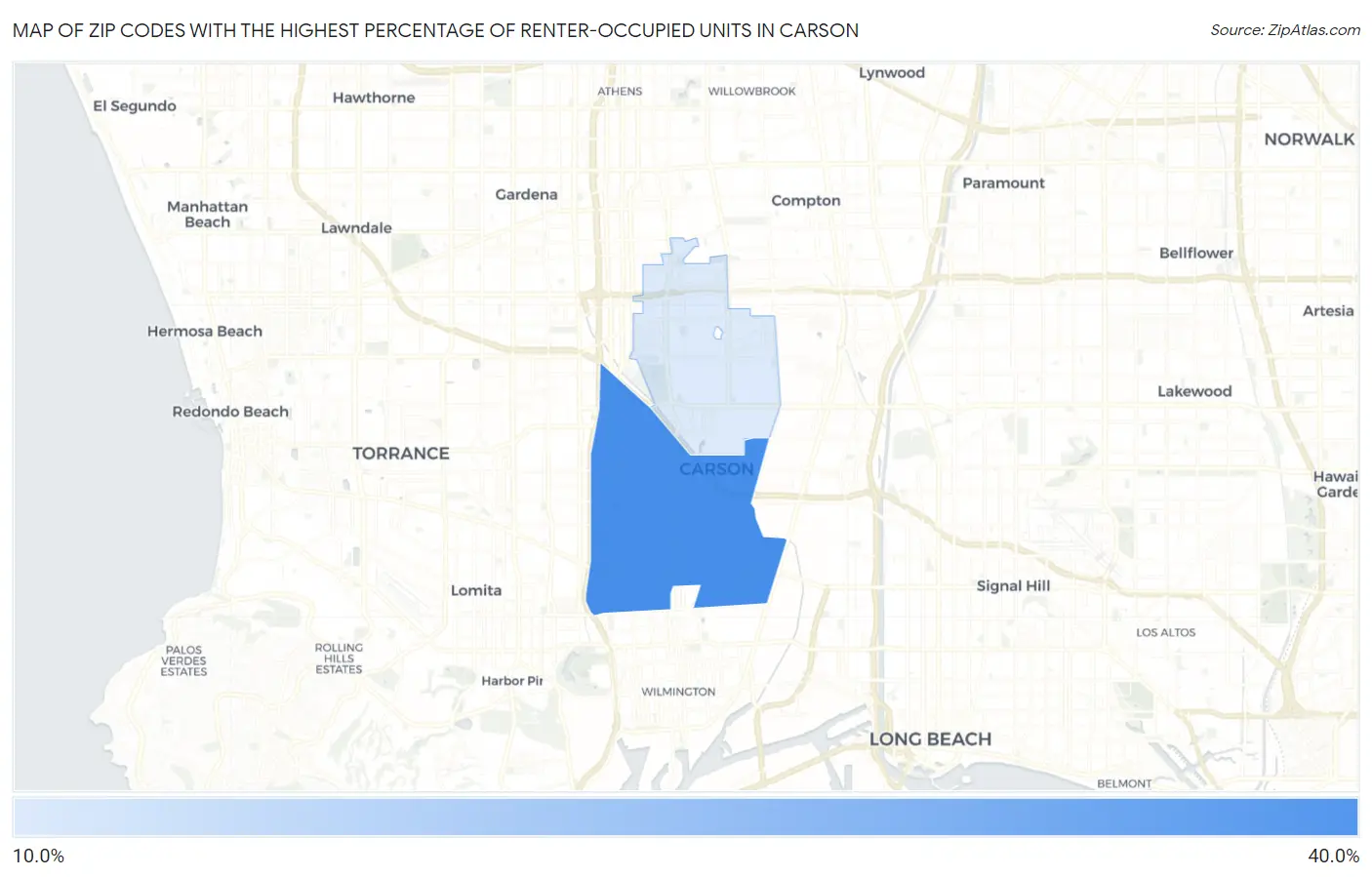Zip Codes with the Highest Percentage of Renter-Occupied Units in Carson Map