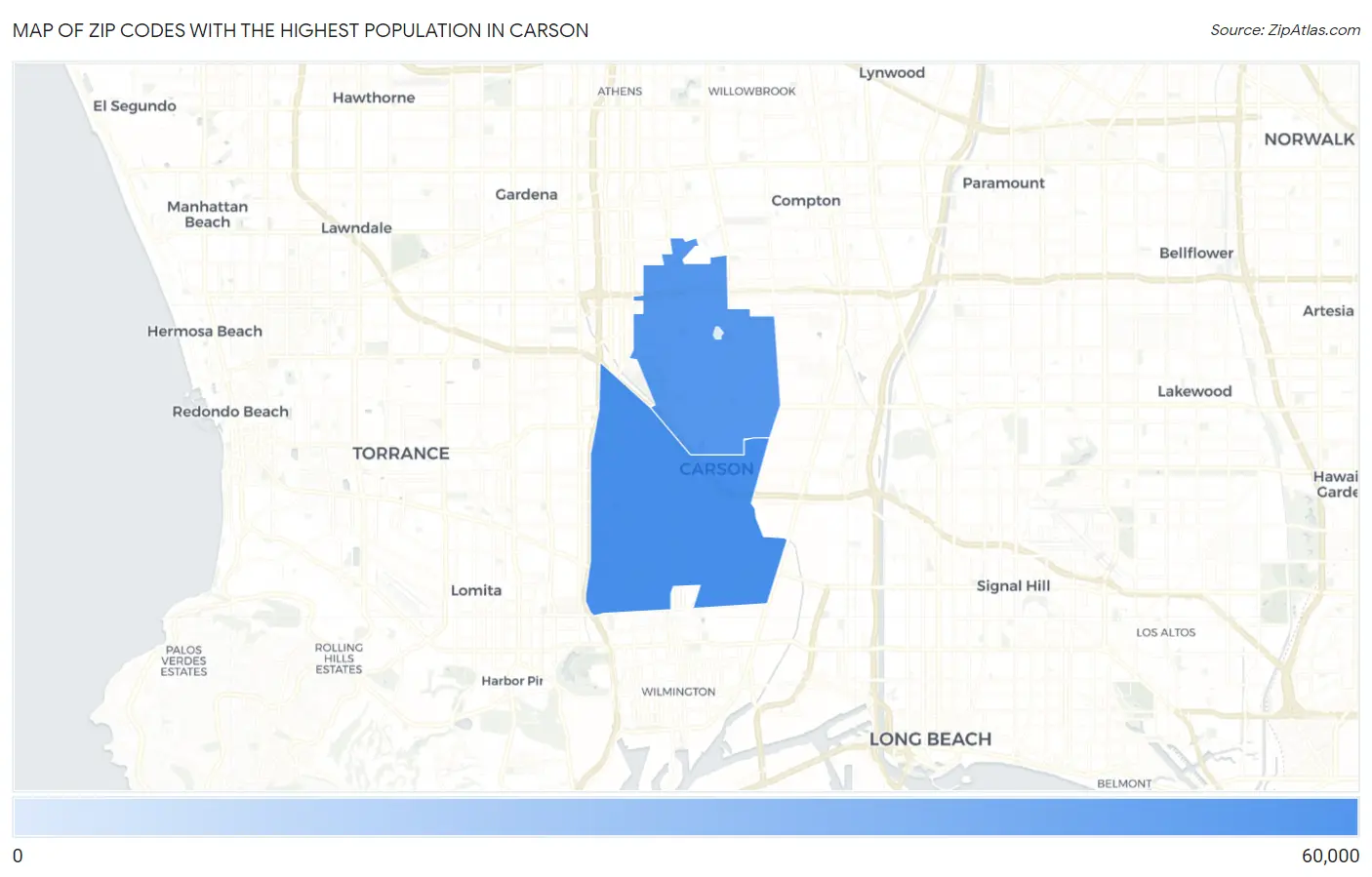 Zip Codes with the Highest Population in Carson Map