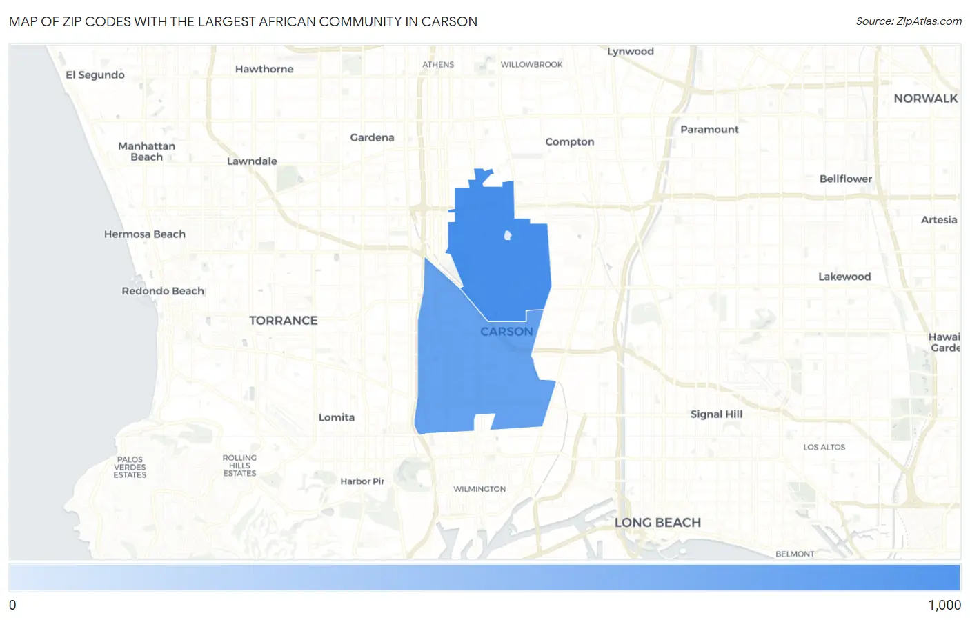 Zip Codes with the Largest African Community in Carson Map