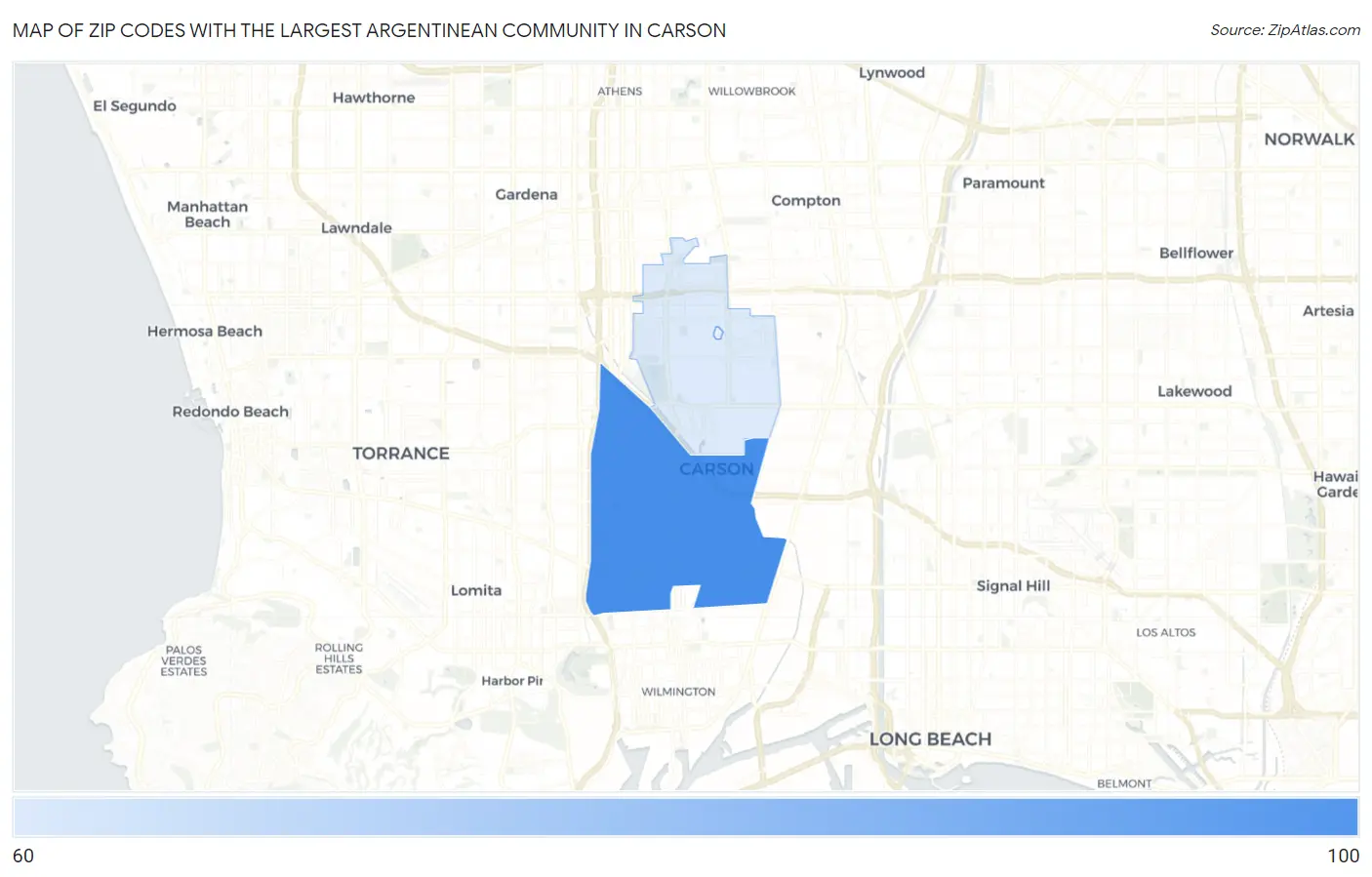 Zip Codes with the Largest Argentinean Community in Carson Map