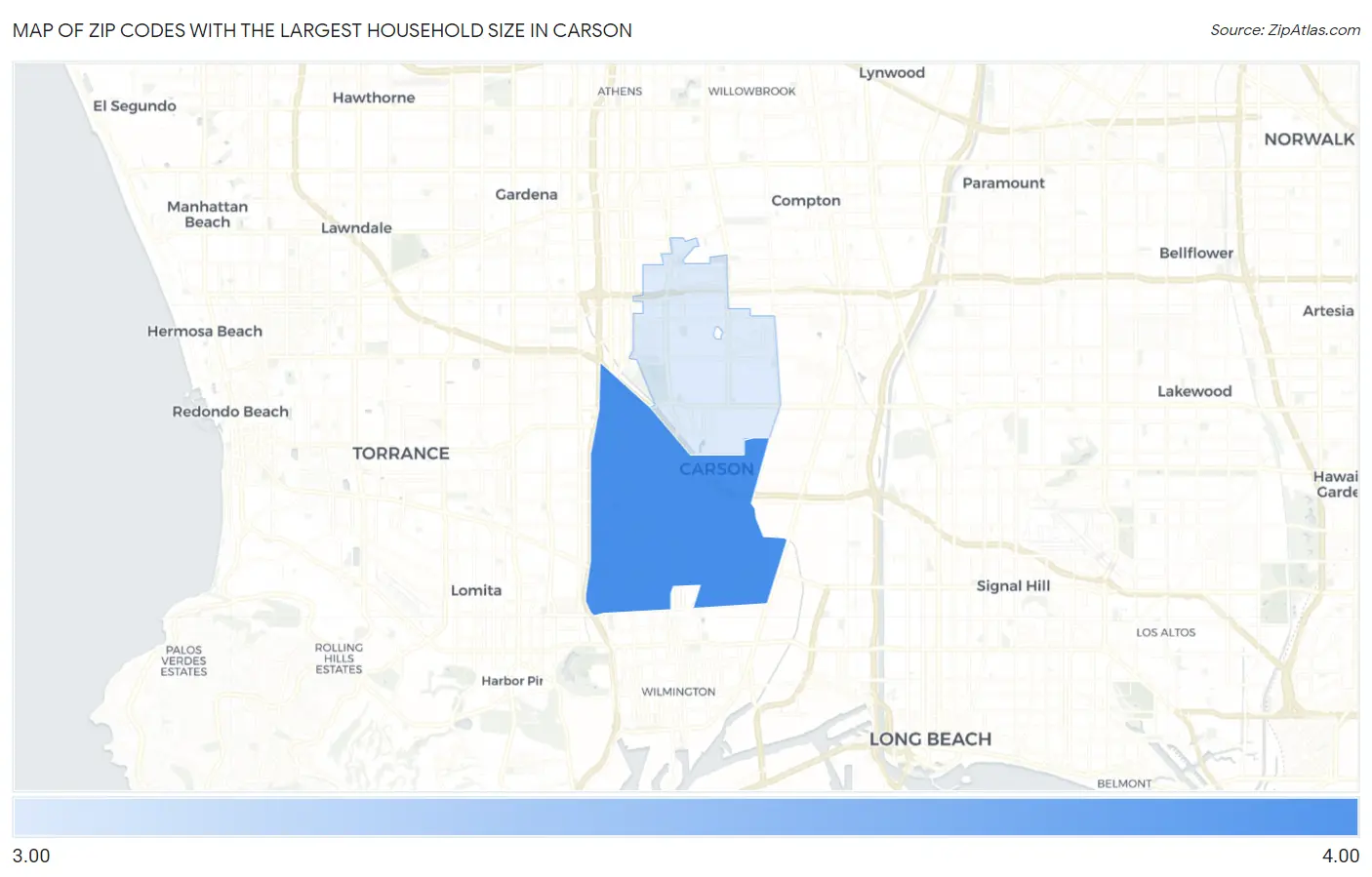 Zip Codes with the Largest Household Size in Carson Map