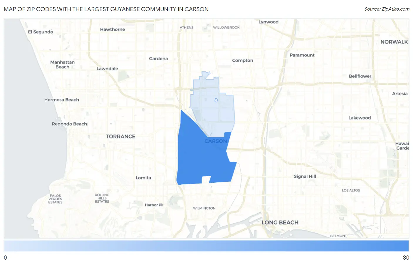 Zip Codes with the Largest Guyanese Community in Carson Map