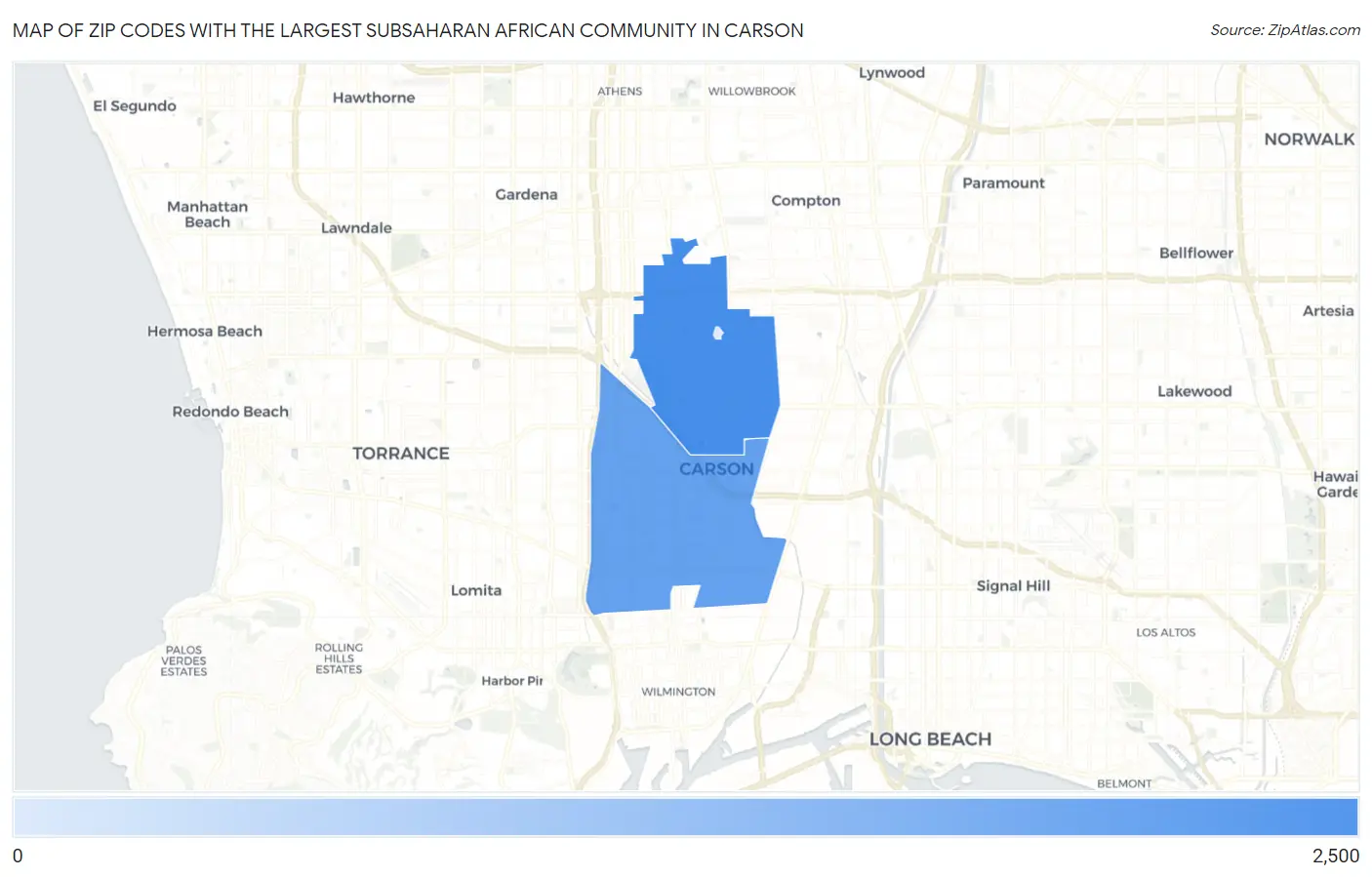 Zip Codes with the Largest Subsaharan African Community in Carson Map