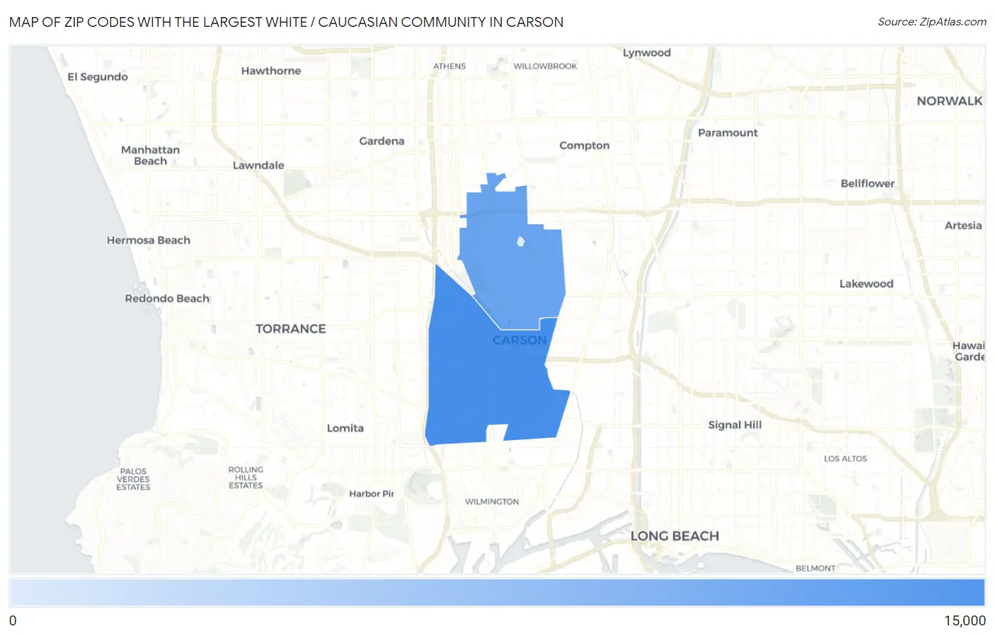 Zip Codes with the Largest White / Caucasian Community in Carson Map