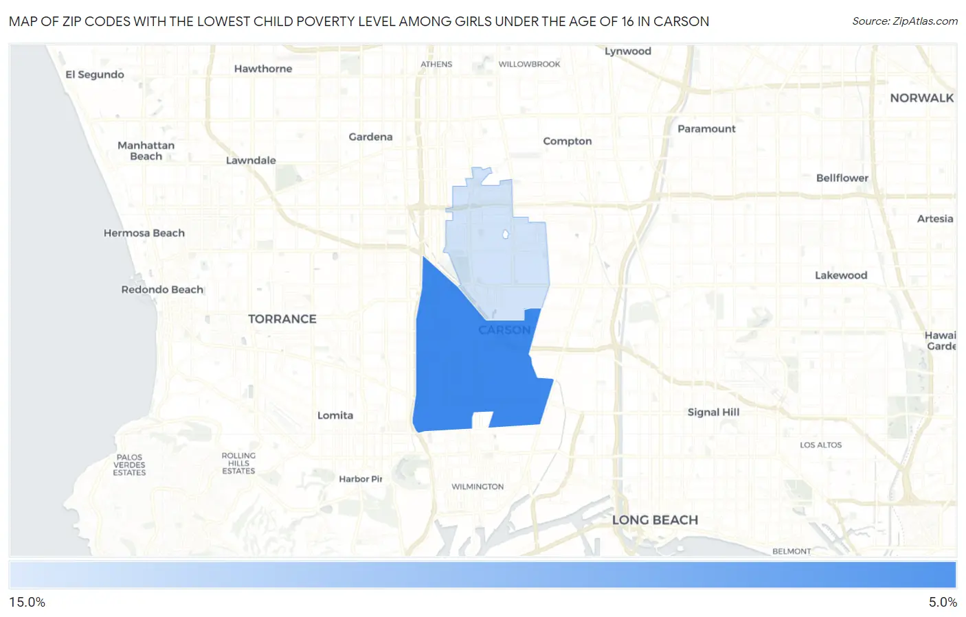 Zip Codes with the Lowest Child Poverty Level Among Girls Under the Age of 16 in Carson Map