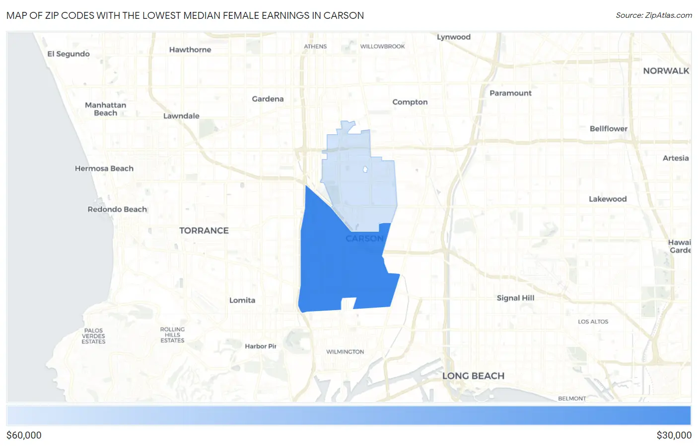 Zip Codes with the Lowest Median Female Earnings in Carson Map