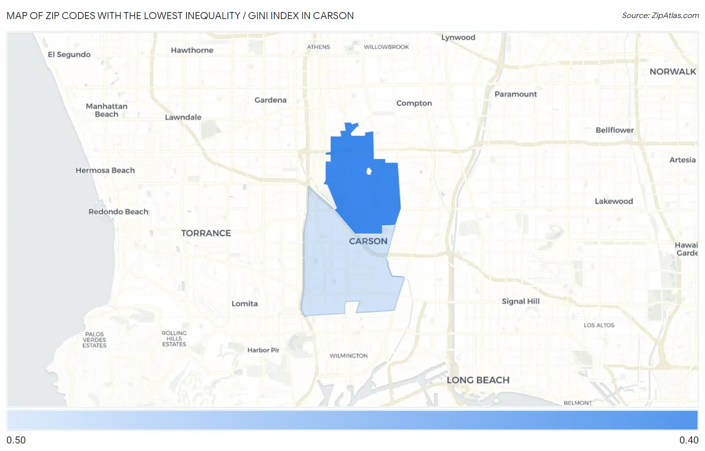 Zip Codes with the Lowest Inequality / Gini Index in Carson Map