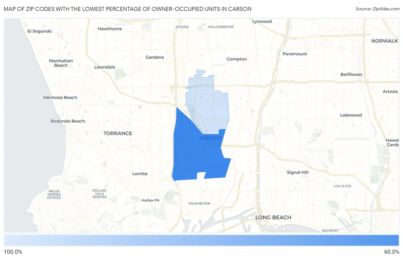 Zip Codes with the Lowest Percentage of Owner-Occupied Units in Carson Map