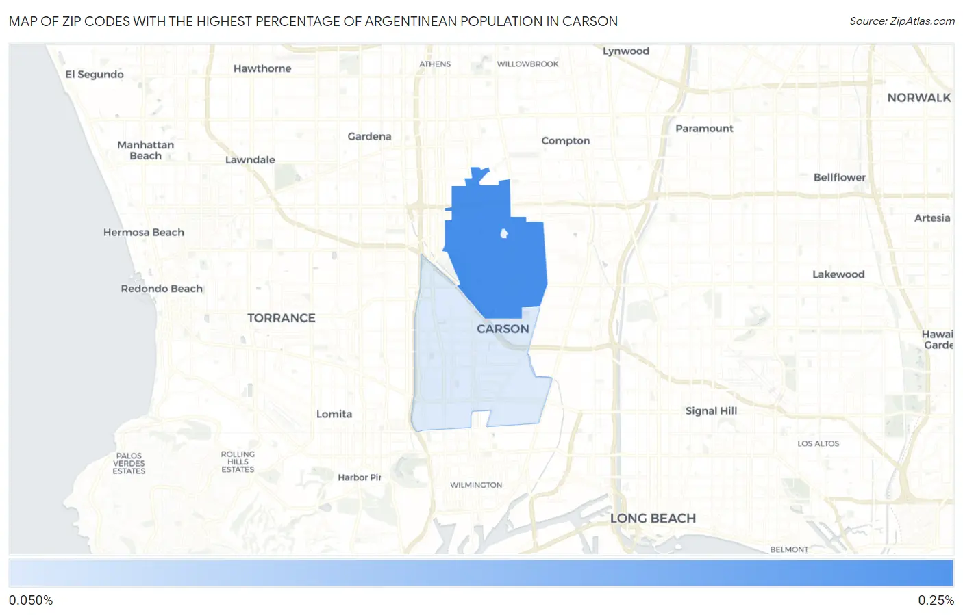 Zip Codes with the Highest Percentage of Argentinean Population in Carson Map