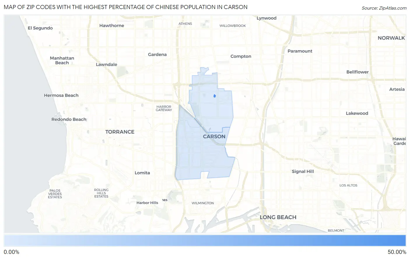 Zip Codes with the Highest Percentage of Chinese Population in Carson Map