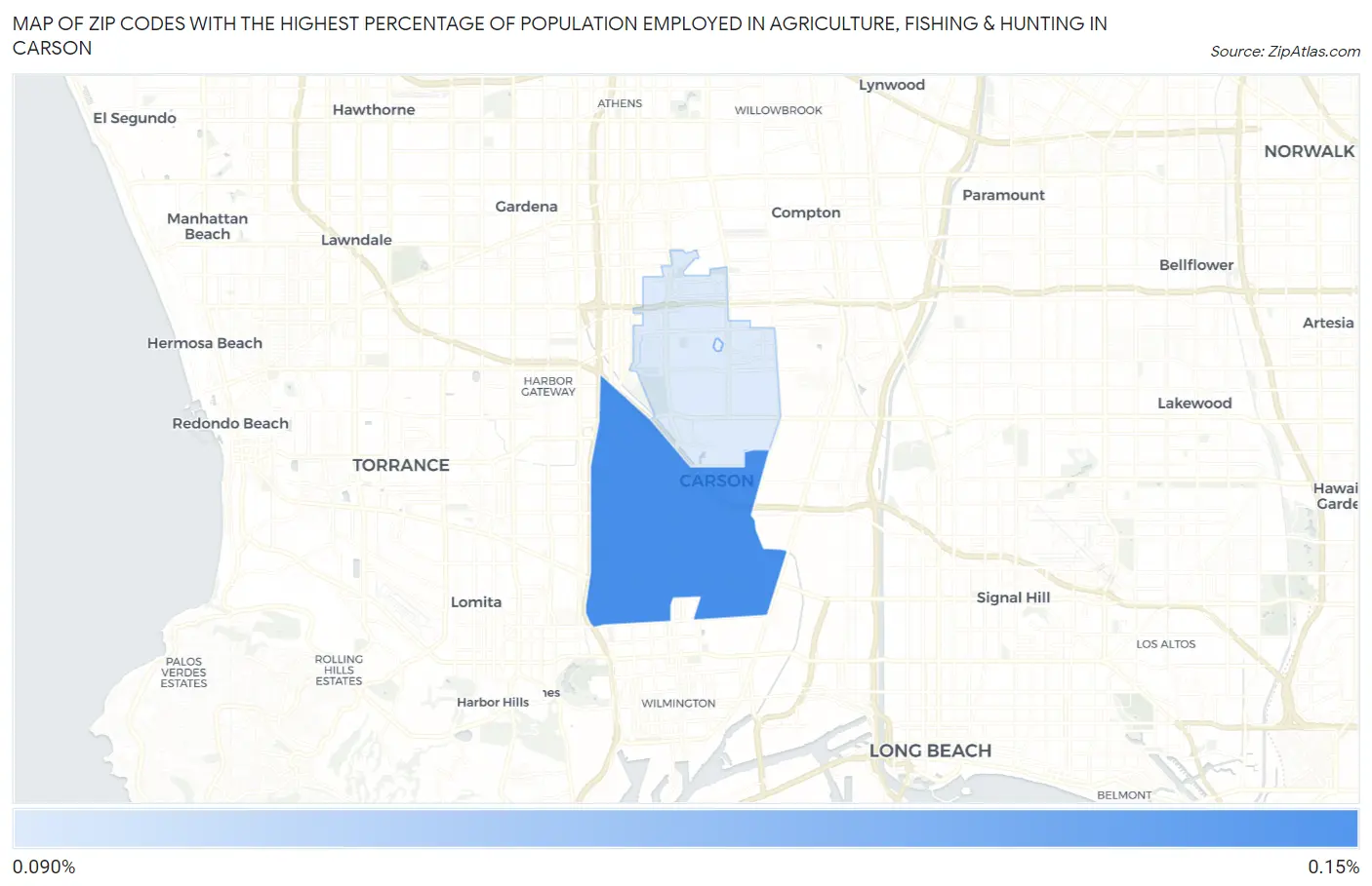 Zip Codes with the Highest Percentage of Population Employed in Agriculture, Fishing & Hunting in Carson Map