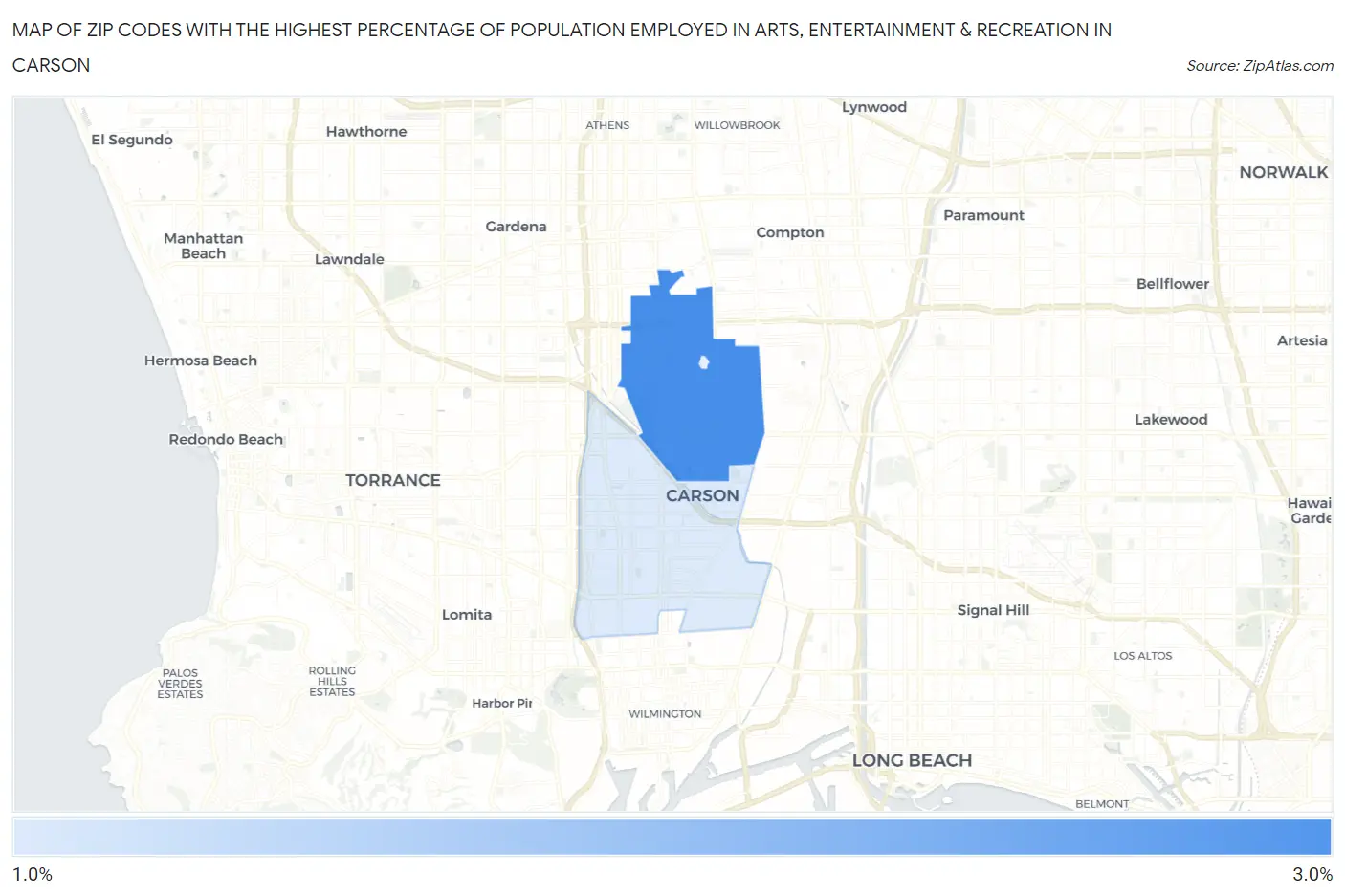 Zip Codes with the Highest Percentage of Population Employed in Arts, Entertainment & Recreation in Carson Map