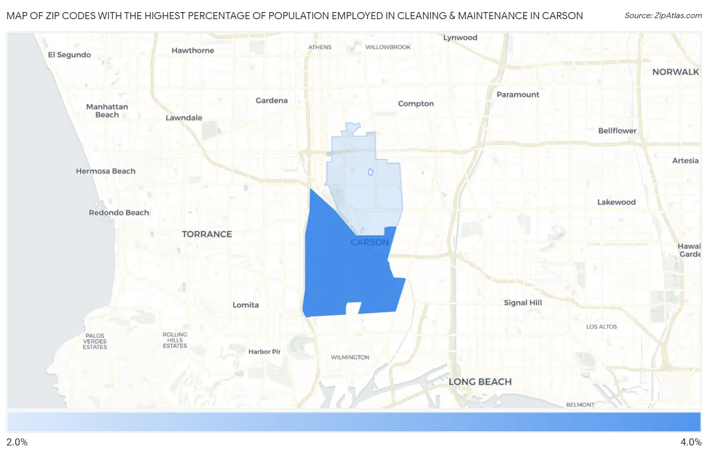 Zip Codes with the Highest Percentage of Population Employed in Cleaning & Maintenance in Carson Map