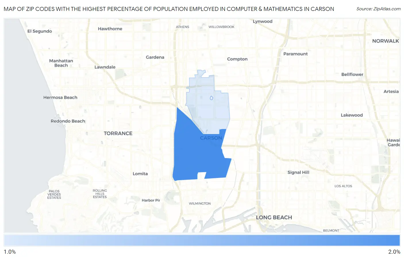 Zip Codes with the Highest Percentage of Population Employed in Computer & Mathematics in Carson Map