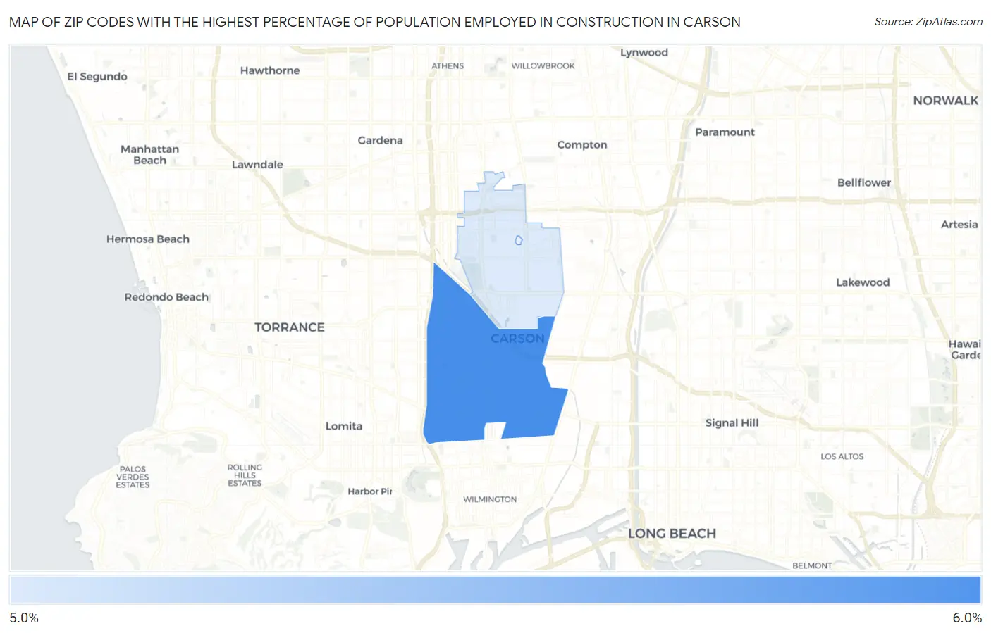 Zip Codes with the Highest Percentage of Population Employed in Construction in Carson Map