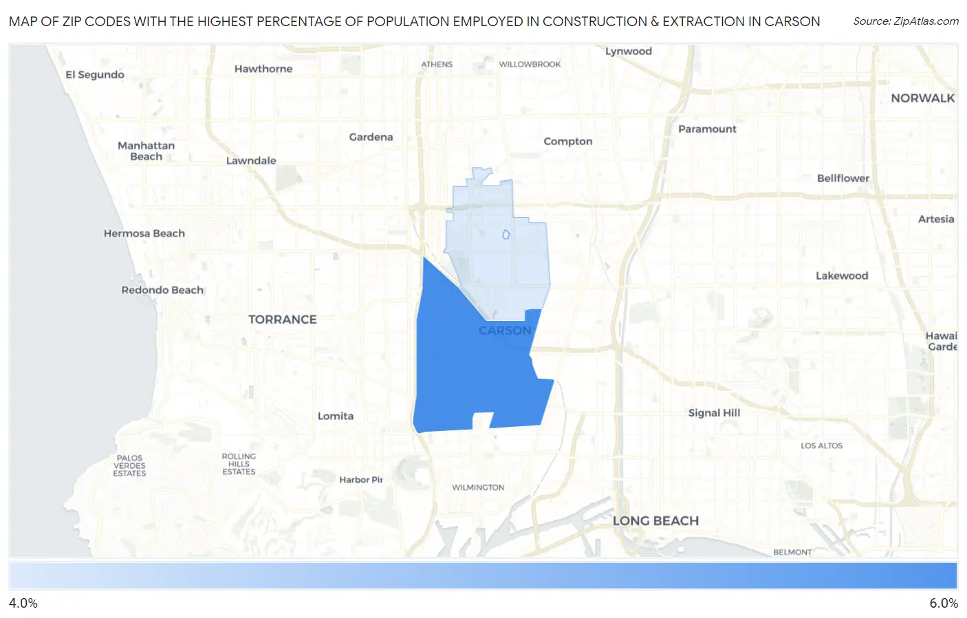 Zip Codes with the Highest Percentage of Population Employed in Construction & Extraction in Carson Map