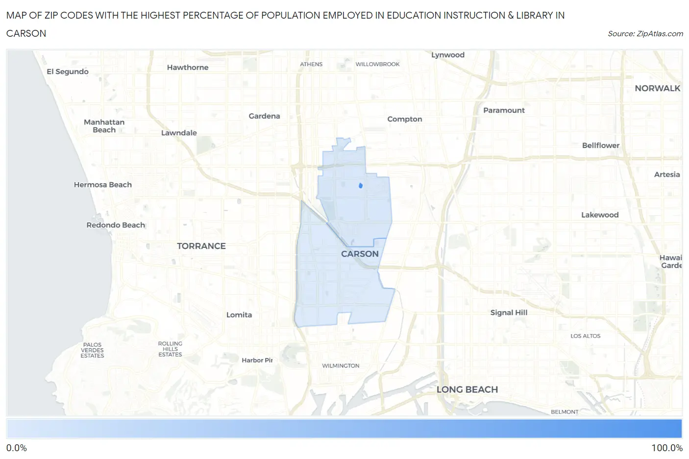 Zip Codes with the Highest Percentage of Population Employed in Education Instruction & Library in Carson Map