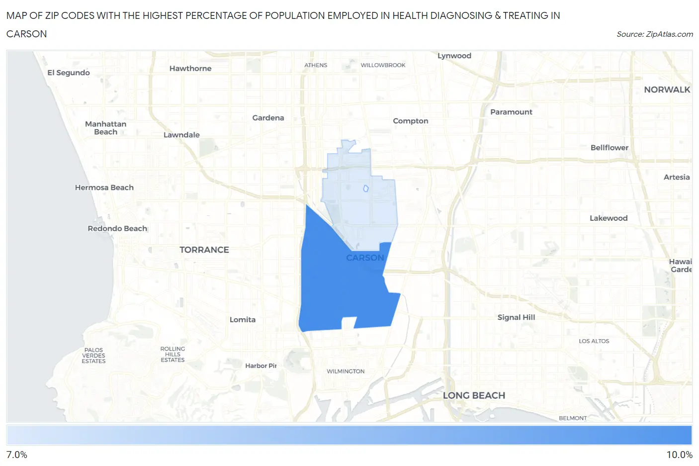 Zip Codes with the Highest Percentage of Population Employed in Health Diagnosing & Treating in Carson Map