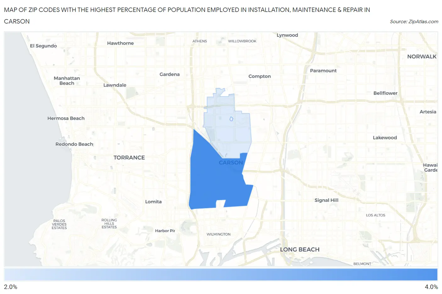 Zip Codes with the Highest Percentage of Population Employed in Installation, Maintenance & Repair in Carson Map