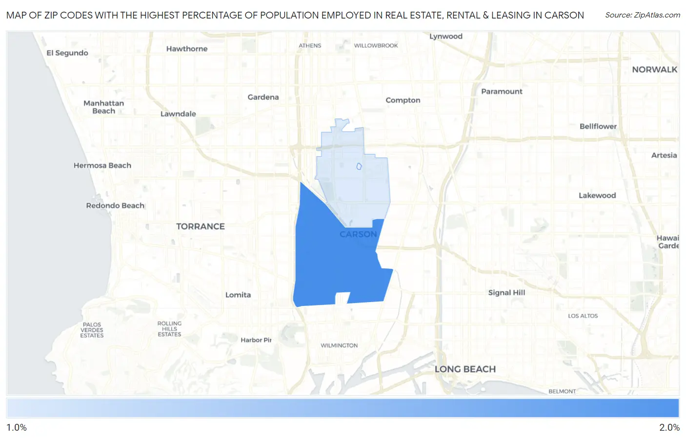 Zip Codes with the Highest Percentage of Population Employed in Real Estate, Rental & Leasing in Carson Map