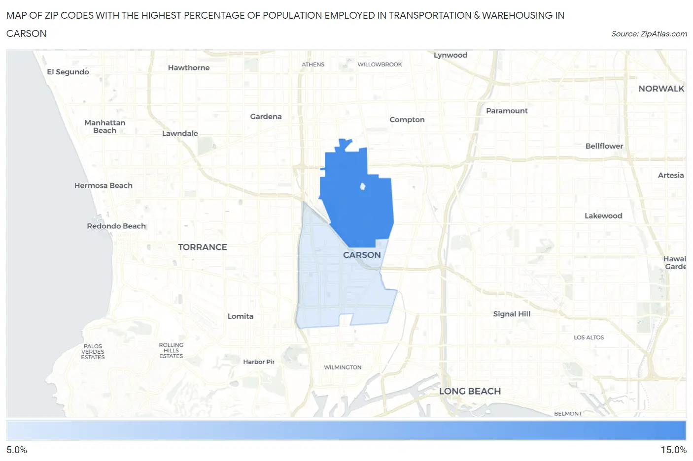 Zip Codes with the Highest Percentage of Population Employed in Transportation & Warehousing in Carson Map