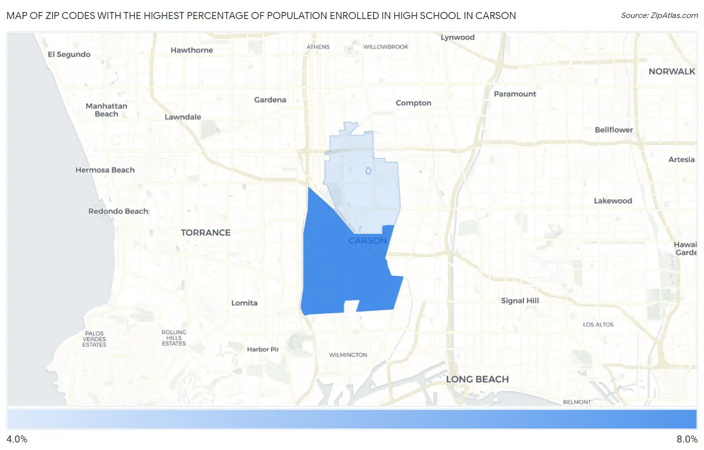 Zip Codes with the Highest Percentage of Population Enrolled in High School in Carson Map