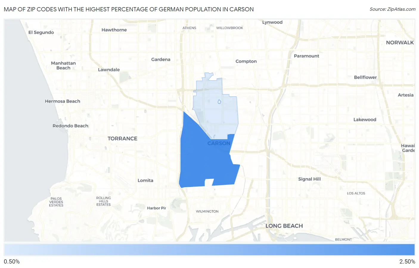 Zip Codes with the Highest Percentage of German Population in Carson Map