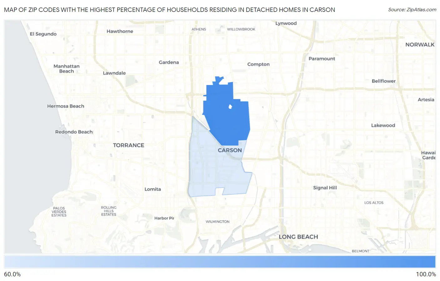 Zip Codes with the Highest Percentage of Households Residing in Detached Homes in Carson Map