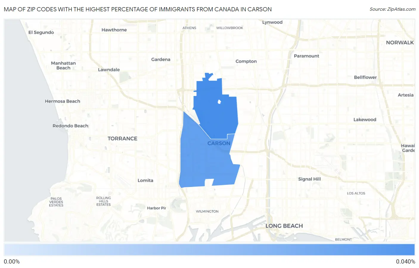 Zip Codes with the Highest Percentage of Immigrants from Canada in Carson Map