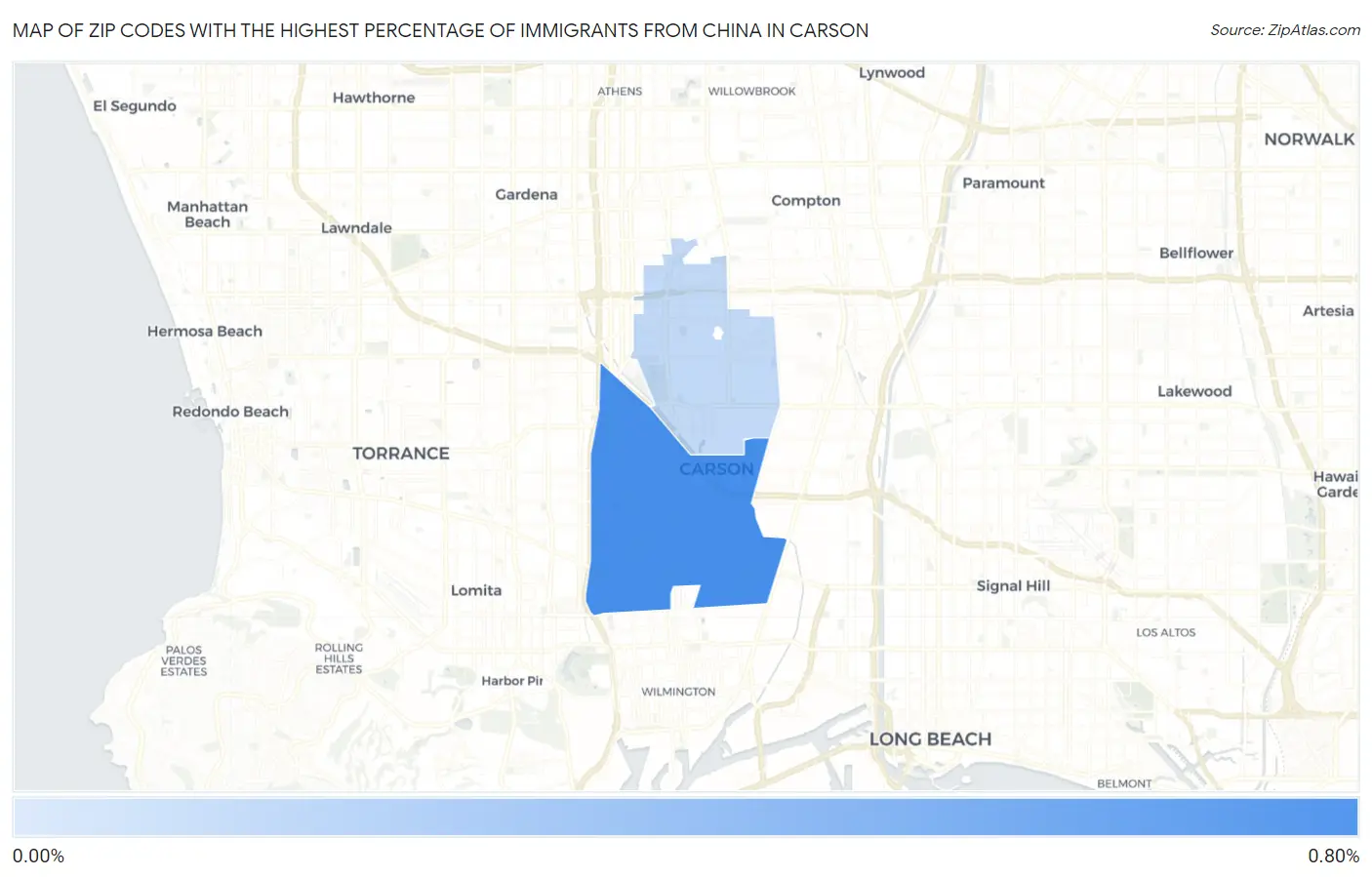 Zip Codes with the Highest Percentage of Immigrants from China in Carson Map