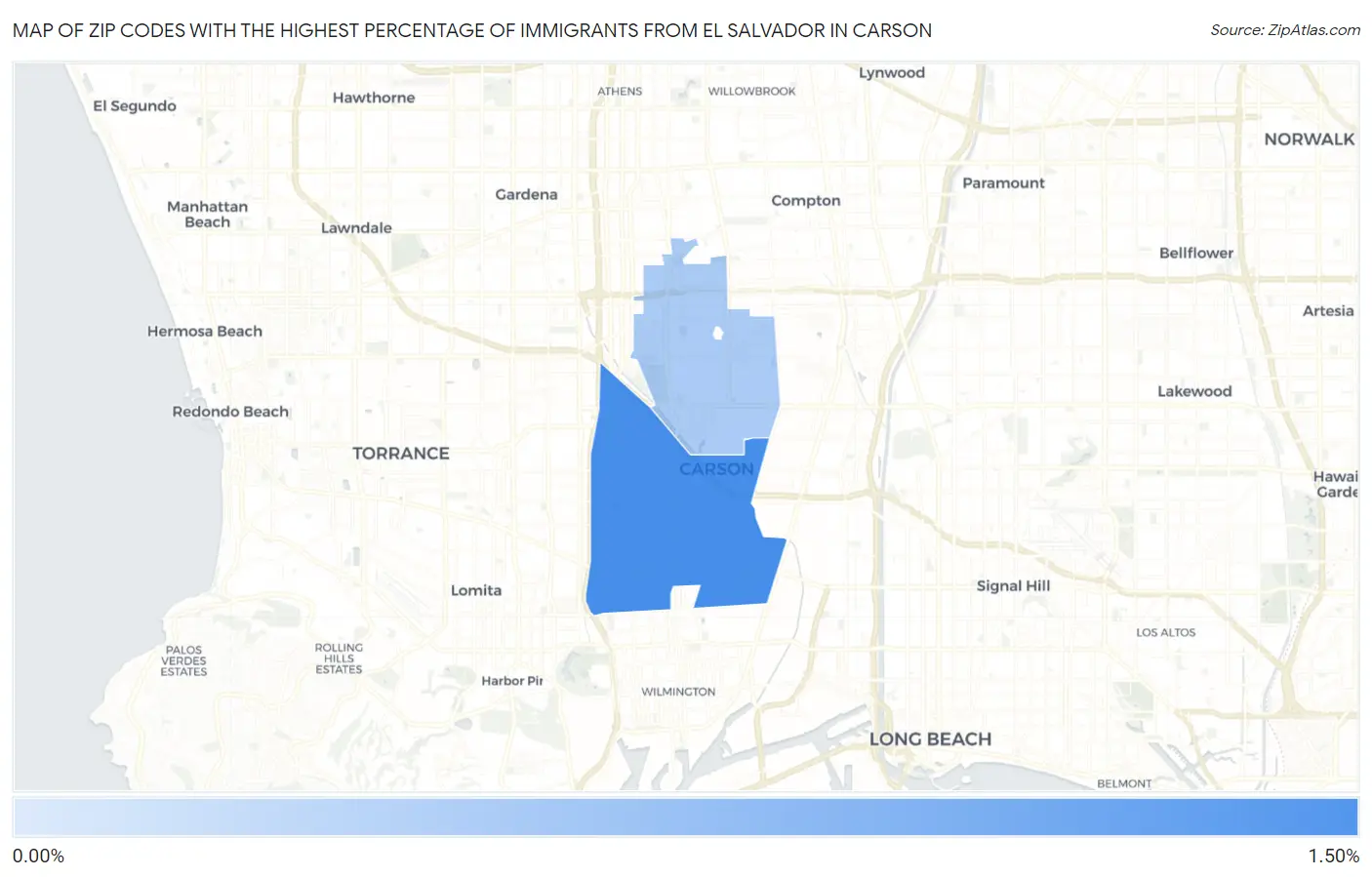 Zip Codes with the Highest Percentage of Immigrants from El Salvador in Carson Map