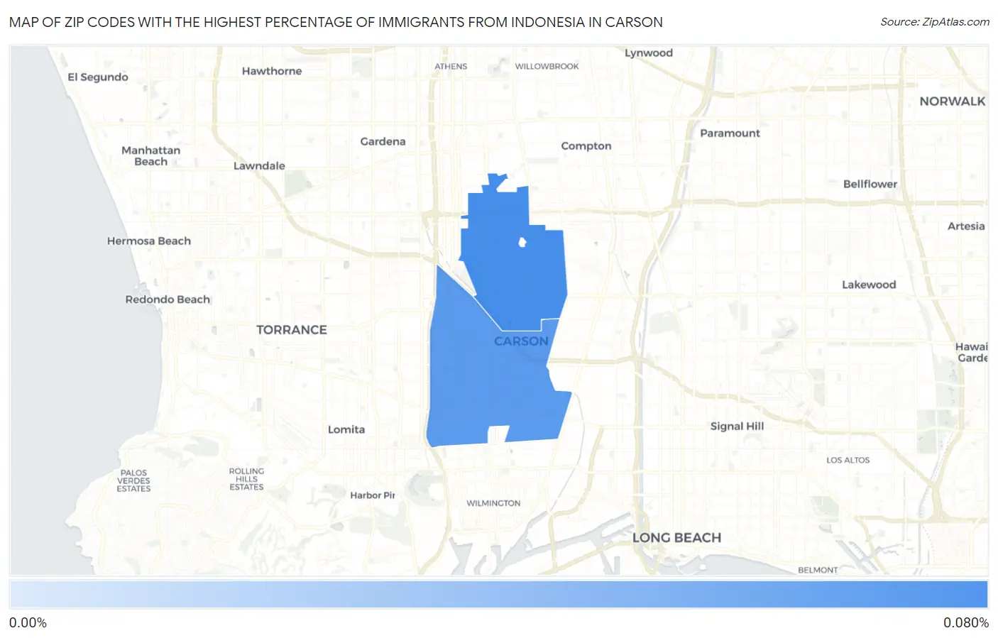 Zip Codes with the Highest Percentage of Immigrants from Indonesia in Carson Map