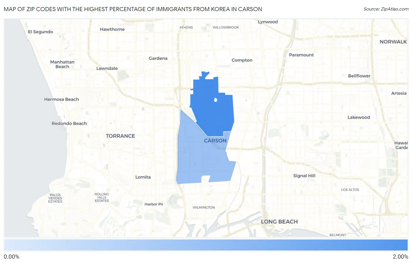 Zip Codes with the Highest Percentage of Immigrants from Korea in Carson Map