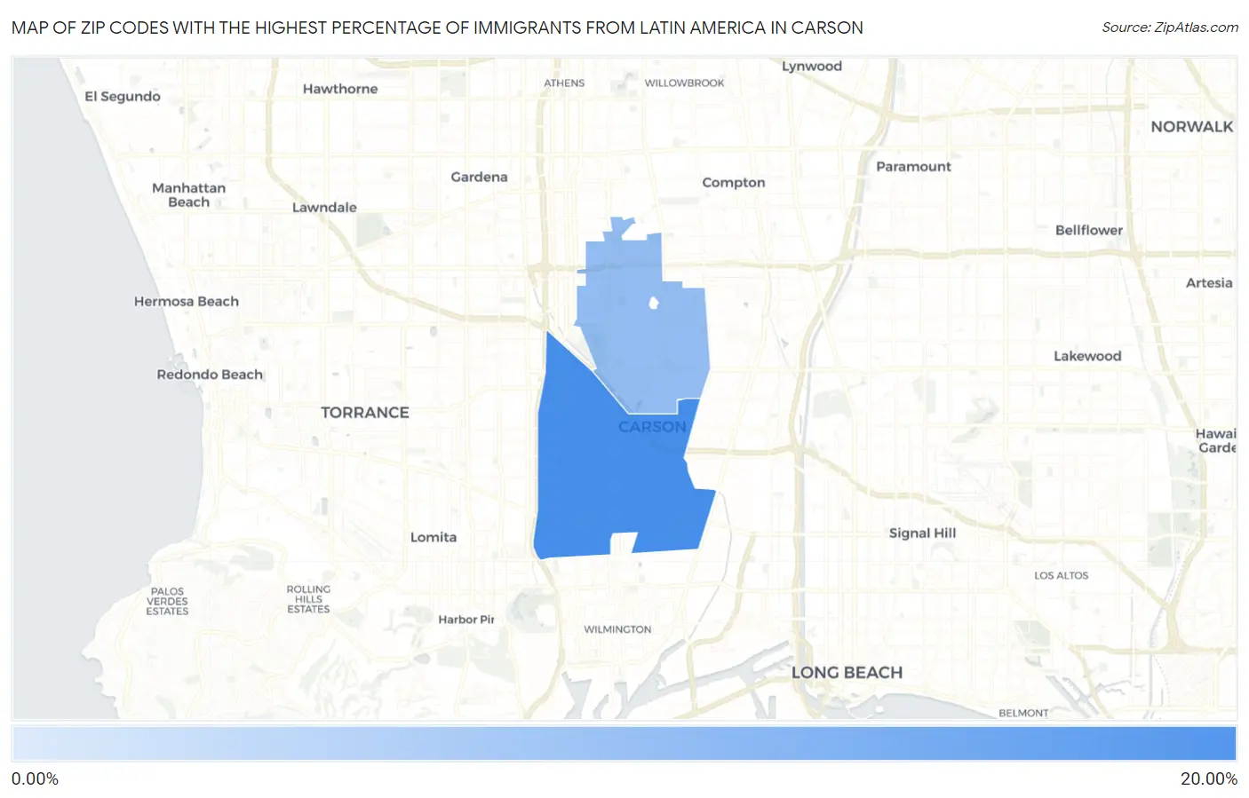 Zip Codes with the Highest Percentage of Immigrants from Latin America in Carson Map