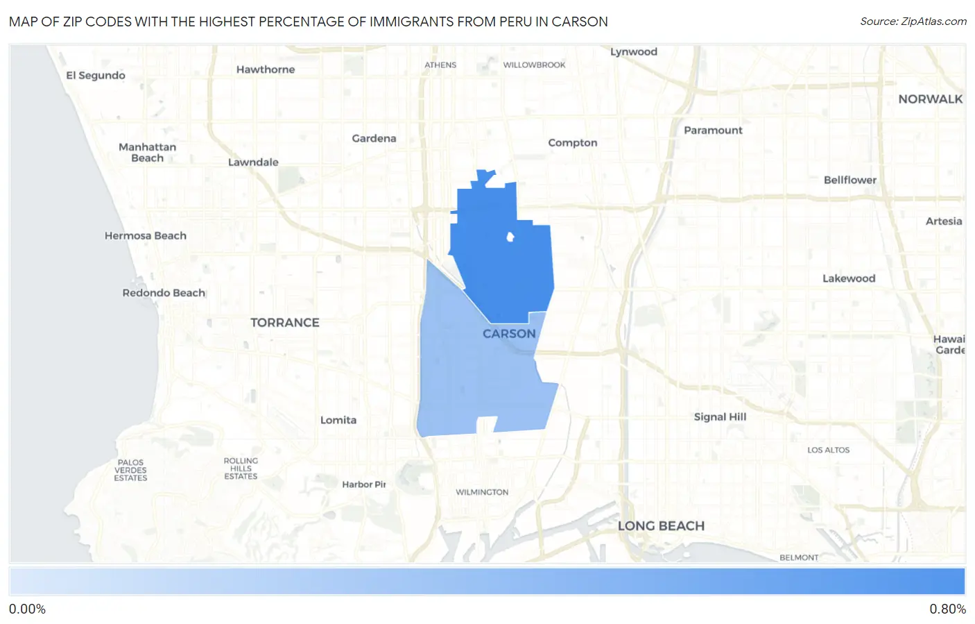 Zip Codes with the Highest Percentage of Immigrants from Peru in Carson Map