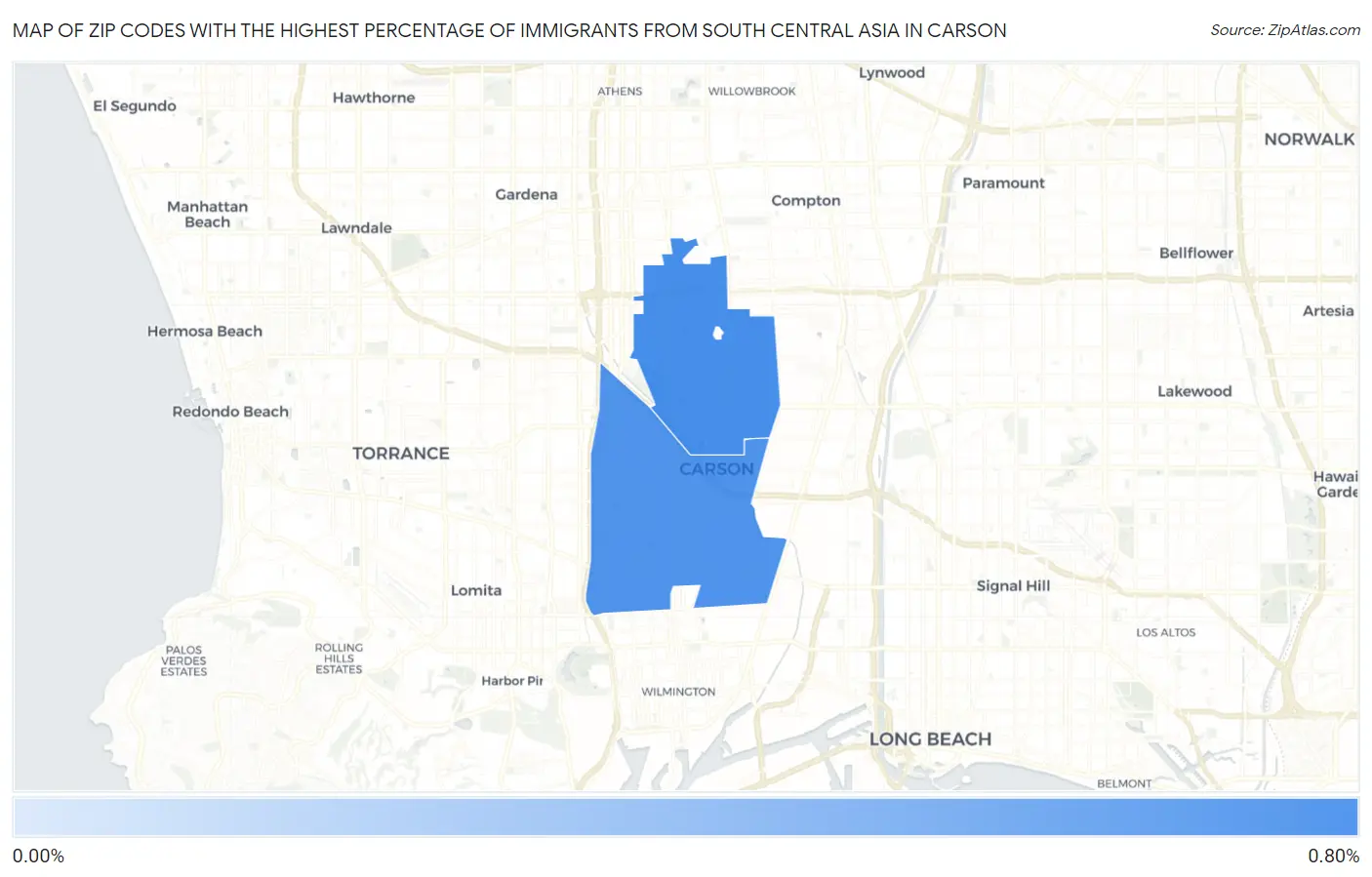 Zip Codes with the Highest Percentage of Immigrants from South Central Asia in Carson Map