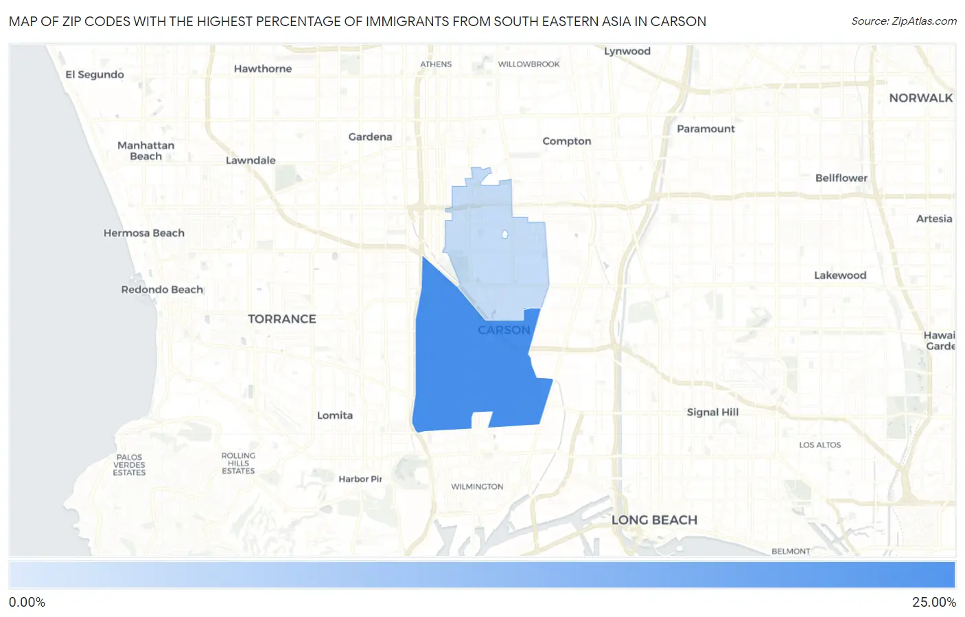 Zip Codes with the Highest Percentage of Immigrants from South Eastern Asia in Carson Map