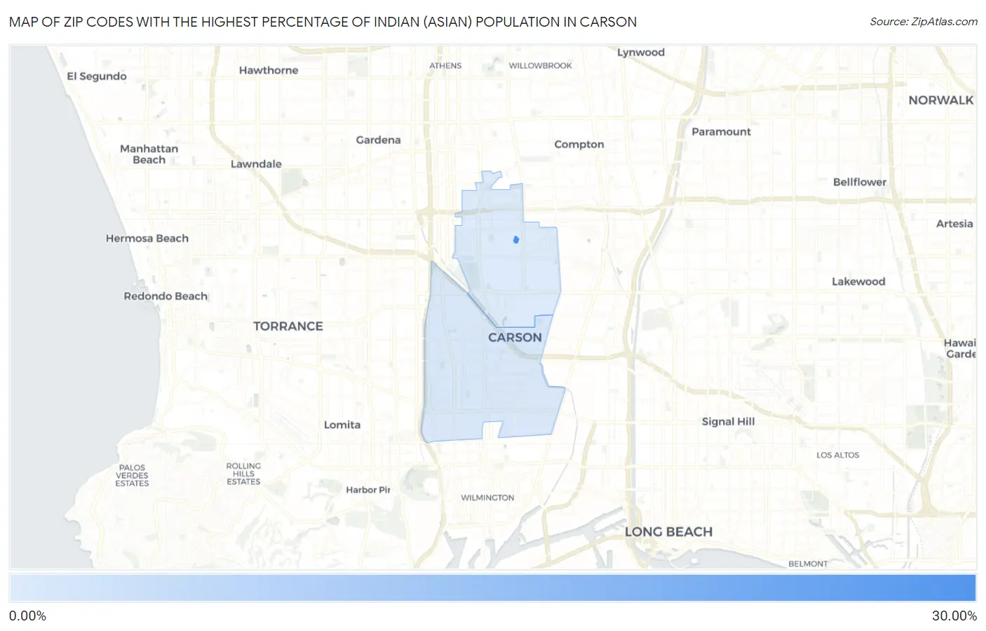 Zip Codes with the Highest Percentage of Indian (Asian) Population in Carson Map